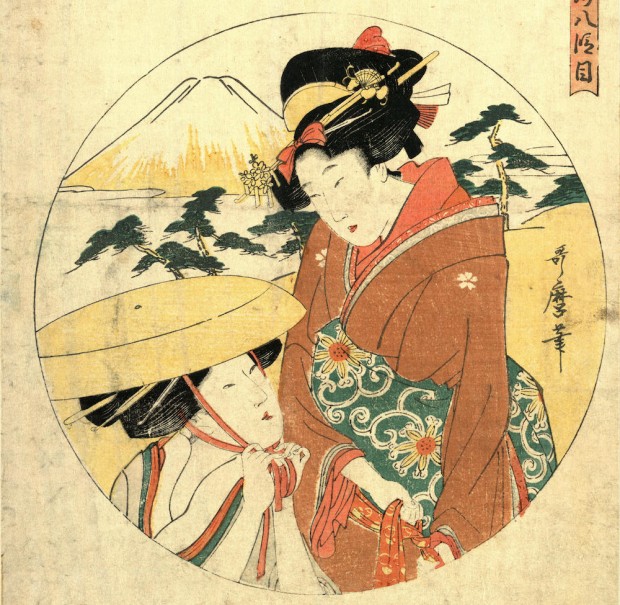 EDNKN6 Hachidanme, Act eight [of the Chushingura]., Kitagawa, Utamaro, 1753?-1806, artist, [between 1799 and 1801], 1 print : woodcut, color ; 34.2 x 23.1 cm., Print shows two women (one probably Konami on her bridal journey to Rikiya's home) in a landscape setting with Mount Fuji in the background.