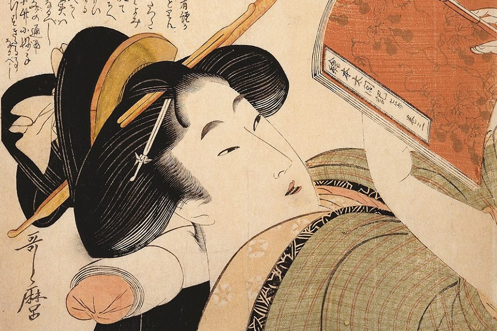 喜多川歌麿「教訓親の目鑑 理口者」（部分図）　女性がワクワクしながら本を読んでいる雰囲気が伝わってくる。