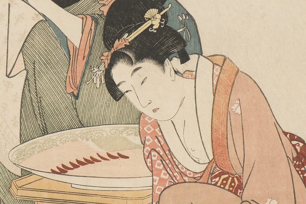 喜多川歌麿「料理をする母娘」（部分図）　いかにも育ちの良さそうなお嬢さん。はたしてモデルはいたのだろうか。