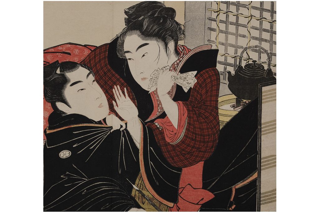 喜多川歌麿「歌まくら」(部分) 1788年 浦上満氏 B期（4/24-5/9）展示　浮気疑惑が浮上した男女の修羅場。春画と言えど、これはちょっと笑えないかも。