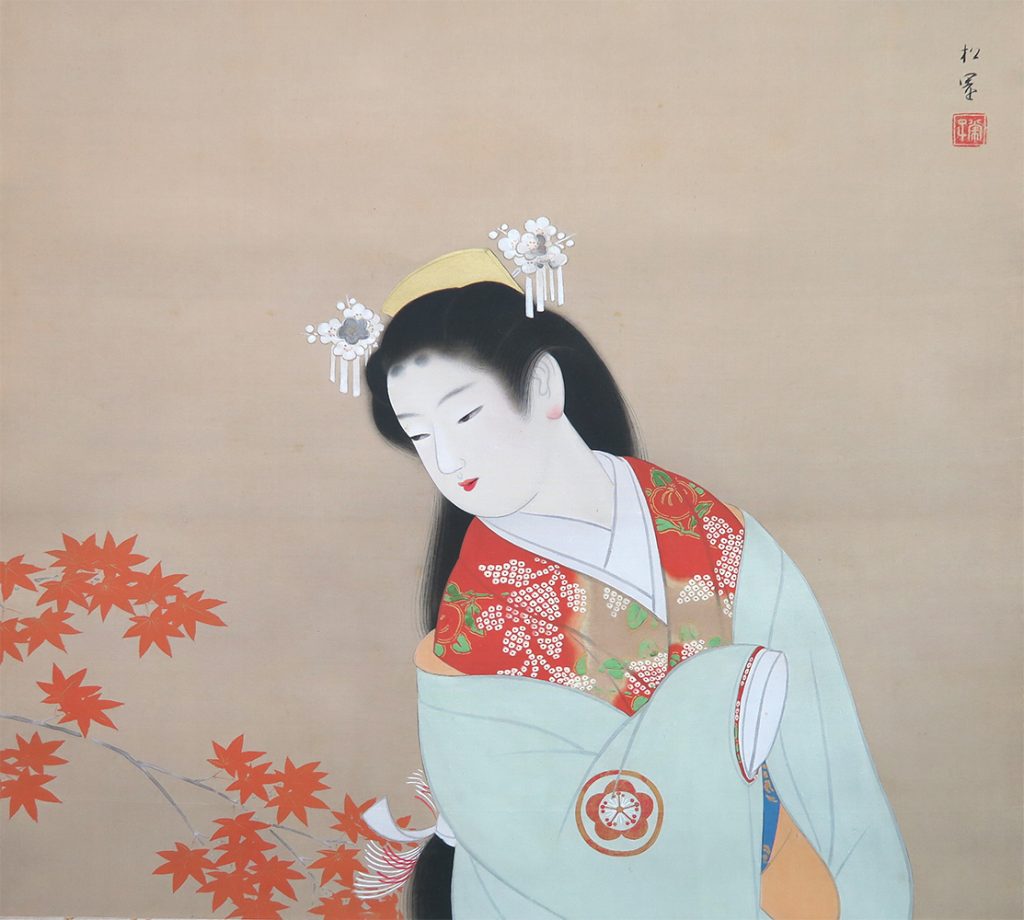 最高級 掛軸R4-1045 平野白峰 美人画 着色絹本 書いたもの 日本画人物画 女性画 浮世絵 京都の版画家 昭和期 婦人 着物 